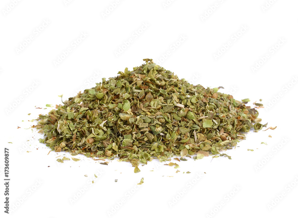 Pile of dried oregano leaves isolated on white background Pile of dried oregano leaves isolated on white background
