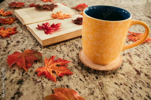 A book and autumn leaves with a yellow mug on a granite countertop photo