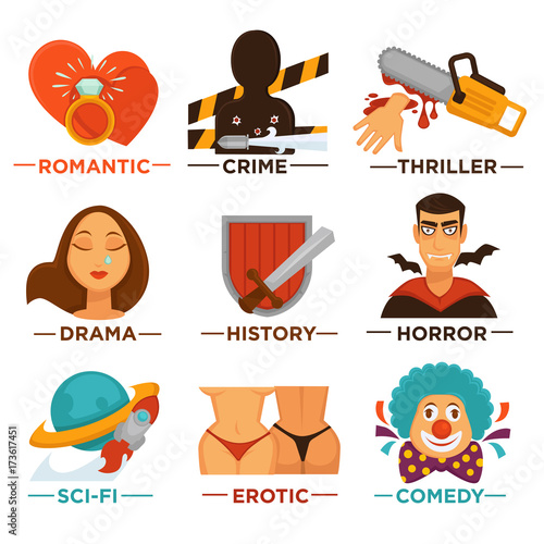 Movie genre cinema vector icons of action, drama, comedy horror thriller