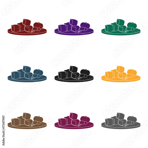 Diced cheese feta with tomatoes and olives on the cutting board icon in black style isolated on white background. Greece symbol stock vector illustration.