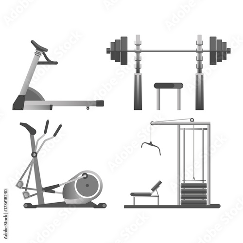 Training apparatus with heavy blocks, modern orbitrek and black weights on rods for all kinds of physical load on solid metal stands isolated cartoon vector illustration