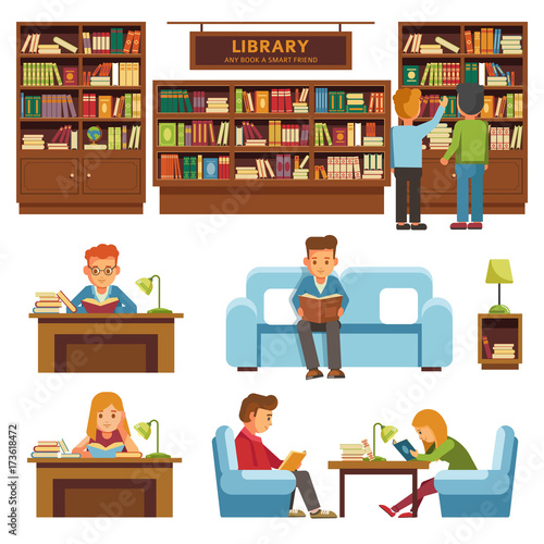 Library books and people reading in bookshop vector flat design
