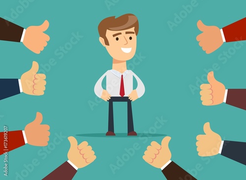 Happy and proud businessman with many thumbs up hands around him. Business compliment concept. Vector illustration