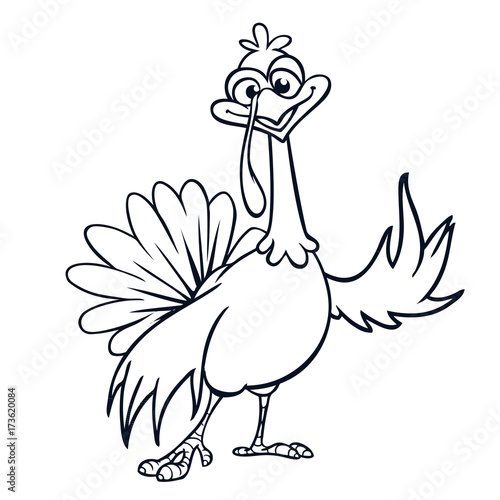 Thanksgiving funny cartoon  outline. Vector cartoon turkey for coloring book. Black and white contour