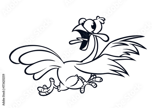 Screaming running cartoon turkey bird character. Vector illustration of turkey escape for coloring book. Black and white strokes