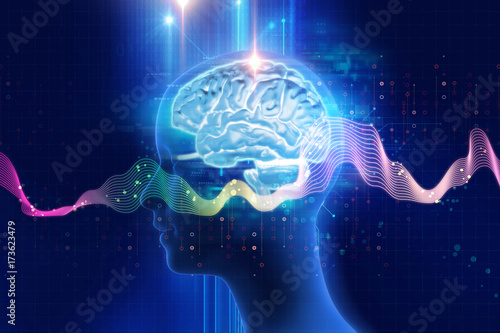 Fotografi 3d rendering of human  brain on technology background