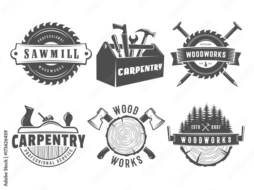 Woodwork logos. Vector badges for carpentry, sawmill, lumberjack service or woodwork shop. Set of vintage labels with hand tools