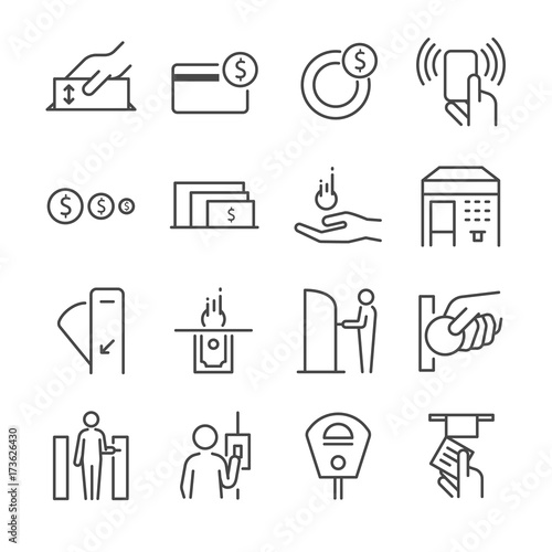 Ticket machine line icon set 2. Included the icons as ticket, coin, token, fare gate, machine, parking meter and more. photo