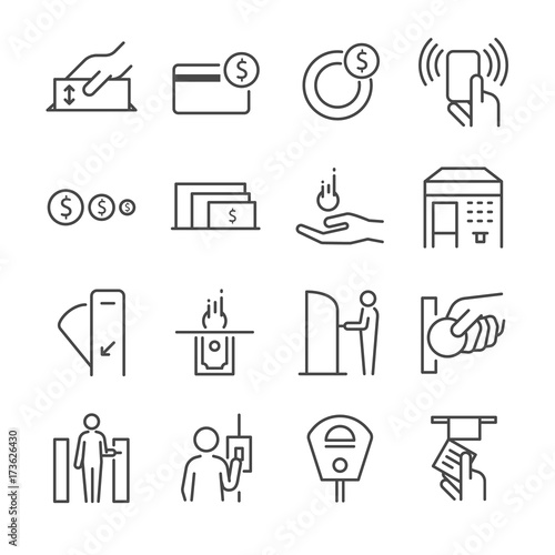 Ticket machine line icon set 2. Included the icons as ticket, coin, token, fare gate, machine, parking meter and more.