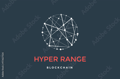 Logo for blockchain technology. Circle with connected lines for brand of smart contract block symbol. Graphic design for decentralized transactions and cryptocurrencies network. Vector Illustration