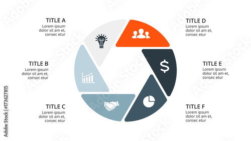 Vector circle arrows infographic, cycle diagram, geometric graph, presentation chart. Business concept with 6 options, parts, steps, processes. 16x9 slide template.