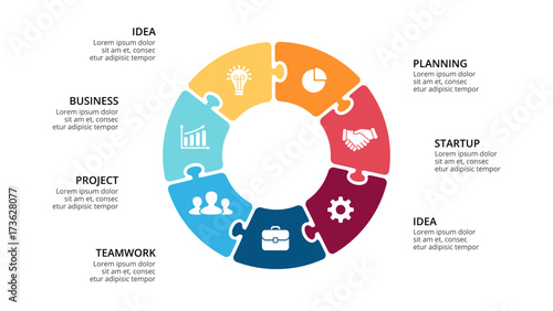 Vector circle arrows infographic, cycle diagram, geometric graph, presentation chart. Business concept with 7, options, parts, steps, processes. 16x9 slide template.