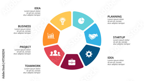 Vector circle arrows infographic, cycle diagram, geometric graph, presentation chart. Business concept with 7, options, parts, steps, processes. 16x9 slide template.