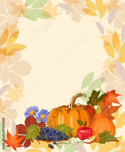 Happy Thanksgiving day. Vector greeting card with autumn fruit, vegetables, leaves and flowers. Harvest festival