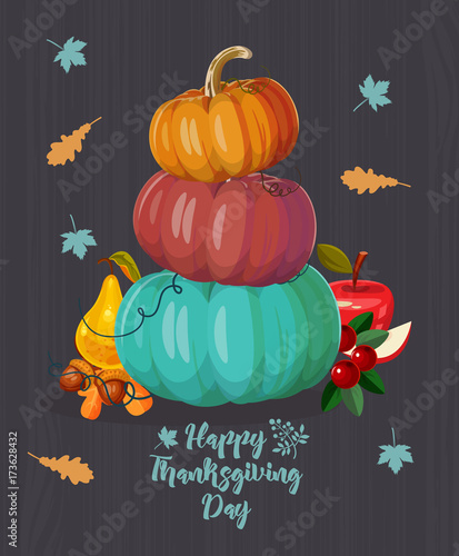 Happy Thanksgiving day. Vector greeting card with autumn fruit, vegetables, leaves and flowers. Harvest festival