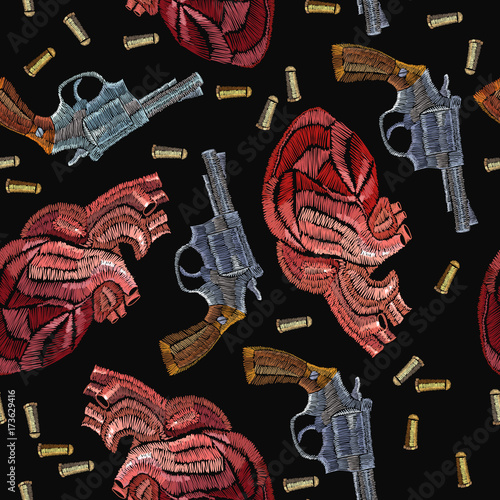 Embroidery guns and anatomical hearts. Creative fashion embroidery wild West, gangster background, vintage revolvers and red anatomical hearts template for clothes, textile t-shirt design