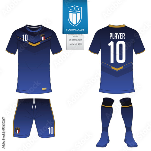 Soccer jersey or football kit, short, sock template for sport club. Football t-shirt mock up. Front and back view soccer uniform. Flat football logo on blue label. Vector Illustration. photo