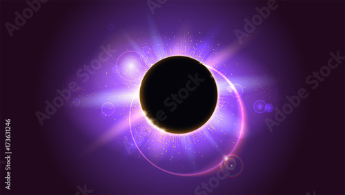 Rays and lens flare light on horizontal background. Solar eclipse, astronomical phenomenon - full sun eclipse. Glow light effect. Star burst with sparkles. The planet covering the Sun in eclipse