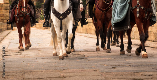 Fototapeta Naklejka Na Ścianę i Meble -  Horseback riding across a bridge