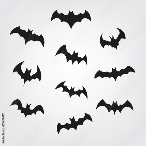 Flying bats set for Halloween. Bat Black silhouette. Printable Party, Event, and Halloween Element for Decoration.
