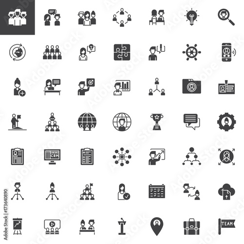 Teamwork and partnership vector icons set, modern solid symbol collection, filled pictogram pack. Signs, logo illustration. Set includes icons as team, conversation, interview, employee, presentation