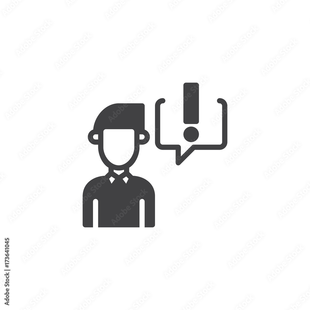 Businessman and exclamation mark in speech bubble icon vector, filled flat sign, solid pictogram isolated on white. Symbol, logo illustration. Businessman and exclamation mark in speech bubble icon vector, filled flat sign, solid pictogram isolated on white. Symbol, logo illustration.
