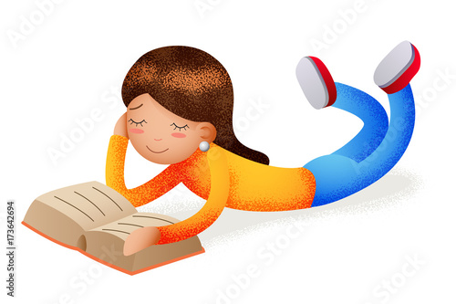 Cute happy girl smiling reading book lying on floor character icon read symbol isolated cartoon design education concept vector illustration