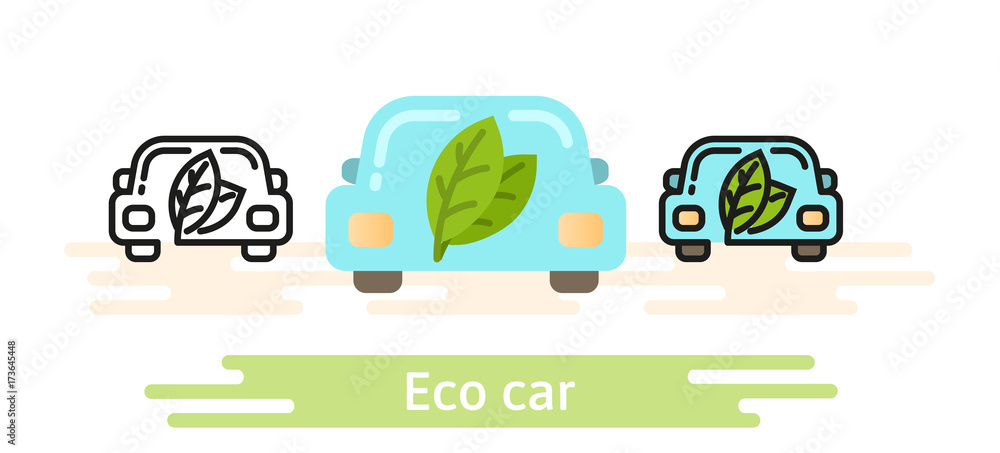 Eco car icon template. This illustration shows a car with an green leaf. Linear, flat and meterial design symbols