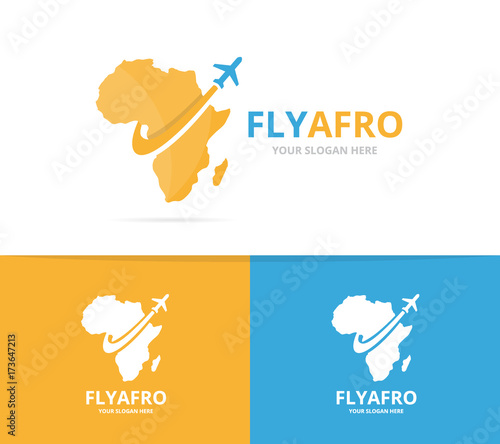 Vector africa and plane logo combination. Safari and travel symbol or icon. Unique geography, continent and flight logotype design template.