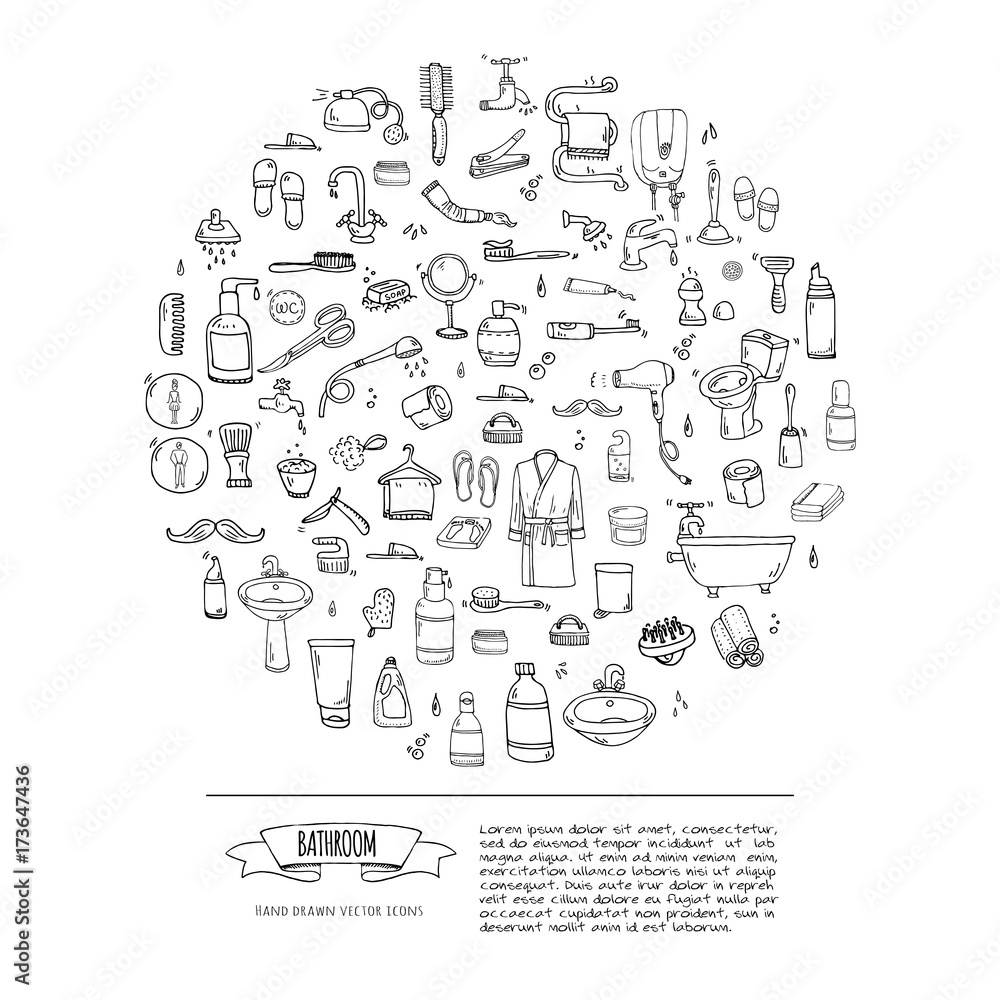Hand drawn doodle Bathroom related icons set Vector illustration home bath symbols collection Cartoon elements on white background Sketch Toilet Sink Shower Bathtub Lavatory Towel Robe Slippers Fan Hand drawn doodle Bathroom related icons set Vector illustration home bath symbols collection Cartoon elements on white background Sketch Toilet Sink Shower Bathtub Lavatory Towel Robe Slippers Fan