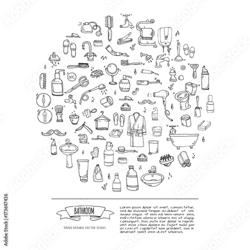 Hand drawn doodle Bathroom related icons set Vector illustration home bath symbols collection Cartoon elements on white background Sketch Toilet Sink Shower Bathtub Lavatory Towel Robe Slippers Fan