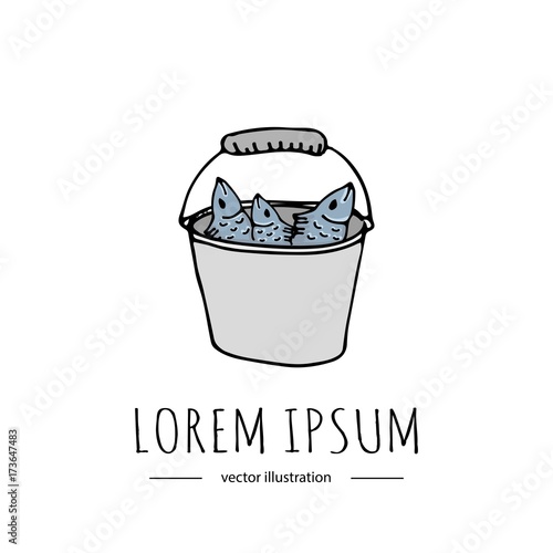 Hand drawn doodle Fishing related icon - bucket with catch. Sketchy vector illustration element. Cartoon catching wild fish Scales Spike fin Tale 