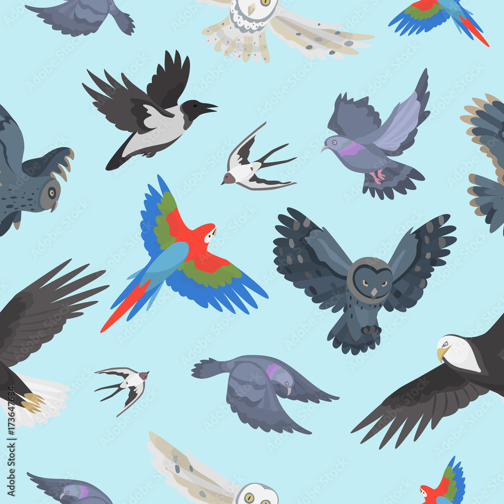 Obraz premium Different wing wild flying birds seamless pattern background vector illustration