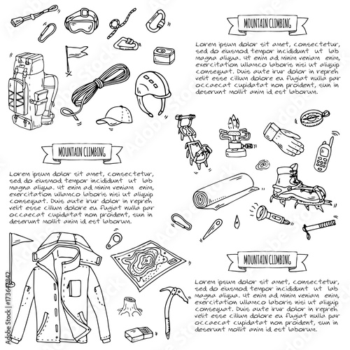 Hand drawn doodle Mountain Climbing icons set. Vector illustration. Mountaineering equipment collection. Cartoon sketch elements for trekking, hiking, tourism, expedition, camping, outdoor recreation.