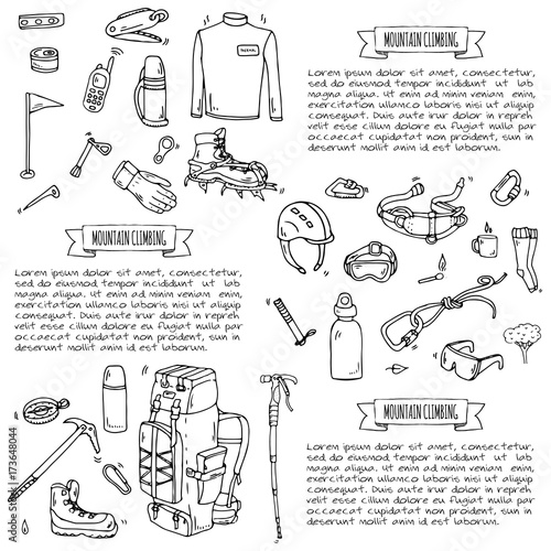 Hand drawn doodle Mountain Climbing icons set. Vector illustration. Mountaineering equipment collection. Cartoon sketch elements for trekking, hiking, tourism, expedition, camping, outdoor recreation.
