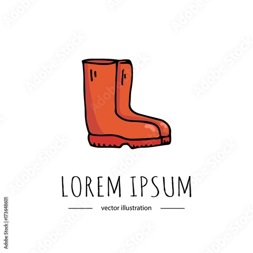 Hand drawn doodle Autumn icon - Red rain boots isolated on white background. Vector illustration. Rainy weather symbol Cartoon fall element Wet Puddle Pool Water
