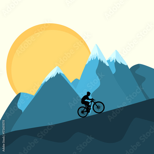 Cross country mountain bike rider uphill climb on sunset ridge peaks beautiful blue yellow nature background. XC marathon race altitude stamina strength training. Silhouette outline vector design.