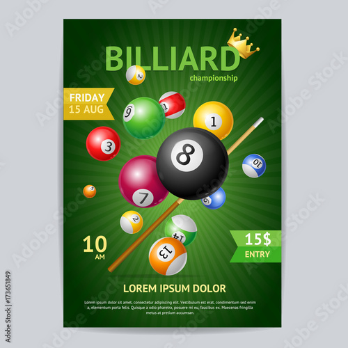 Billiard Tournament Poster Card Template. Vector