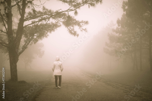 Alone person walking on the road in pine forest.Vintage style.