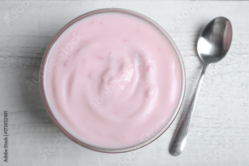 Pink yogurt in a bowl