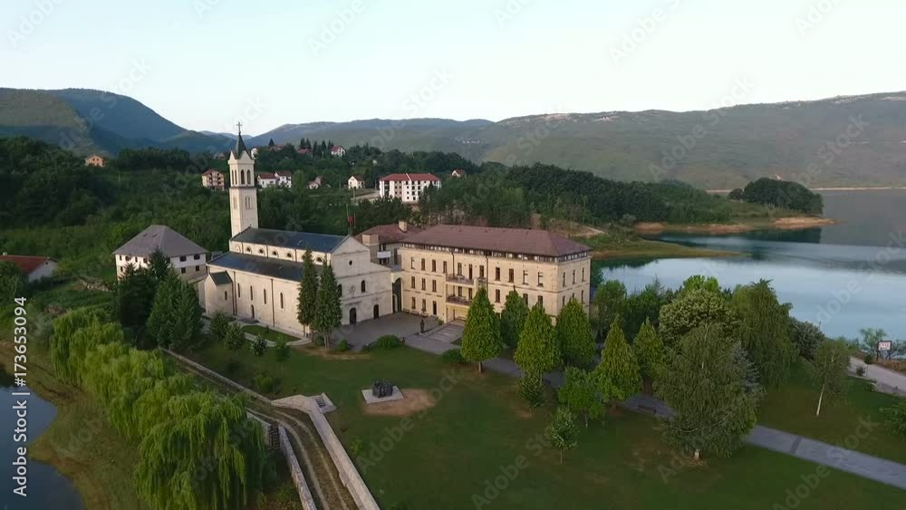 Drone aerial circular view of the Rama Scit church tower in Franciscan monastery, Drone aerial circular view of the Rama Scit church tower in Franciscan monastery,