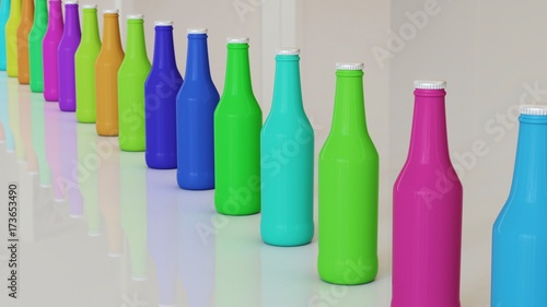 Long isolated line of brightly colored Opaque Bottles with Aluminum Caps on a neutral surface