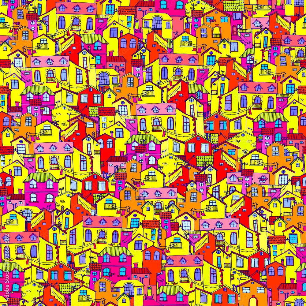 Hand-drawn background with colorful doodle houses. Hand-drawn background with colorful doodle houses.