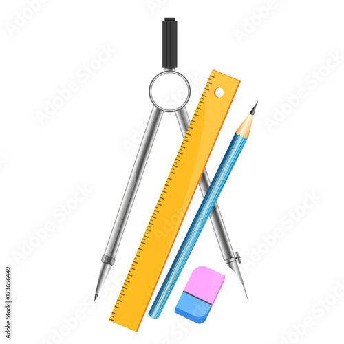 Compasses for drawing, ruler and pencil