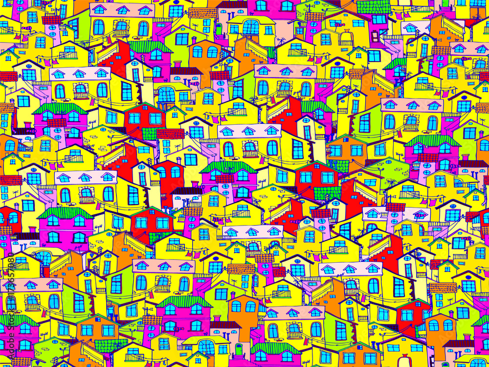Hand-drawn background with colorful doodle houses. Hand-drawn background with colorful doodle houses.