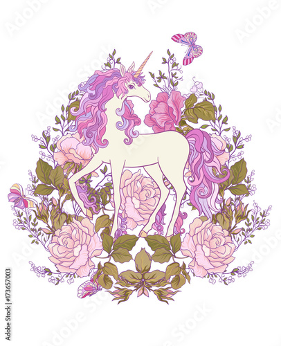 The unicorn, a bouquet of roses and butterflies on white backgro