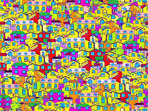 Hand-drawn background with colorful doodle houses.