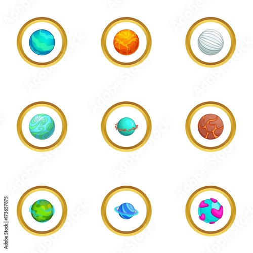 Fantasy colorful planet icons set, cartoon style