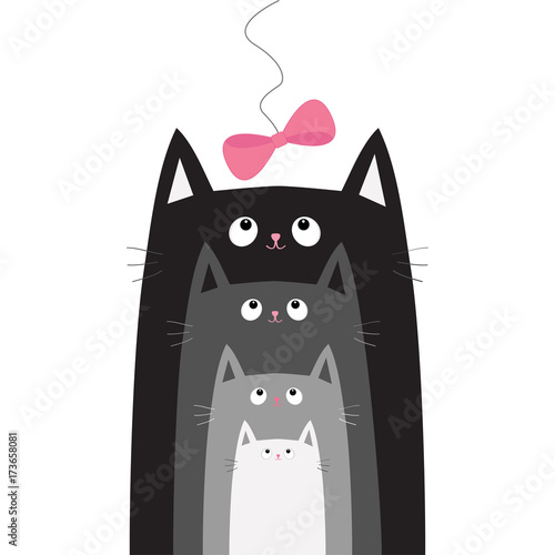 Black gray cat head looking at pink bow hanging on thread. Cats in a row. Different size. Cute cartoon character family set. Pet baby collection Card. Flat design. White background Isolated photo