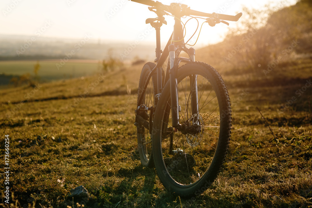 Naklejka premium Silhouette of Mountain bike on the meadow at sunset
